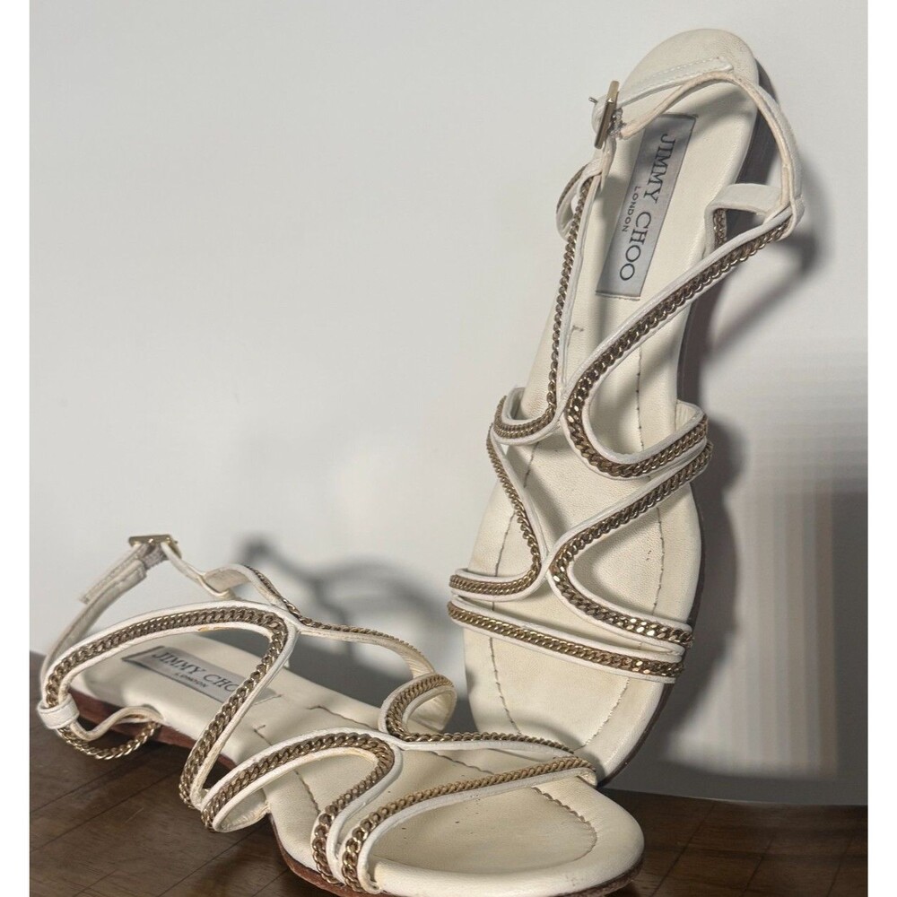 Jimmy Choo Women's Flat Sandals US 7.5 EU 37.5 Cream Gold Leather Made in Italy